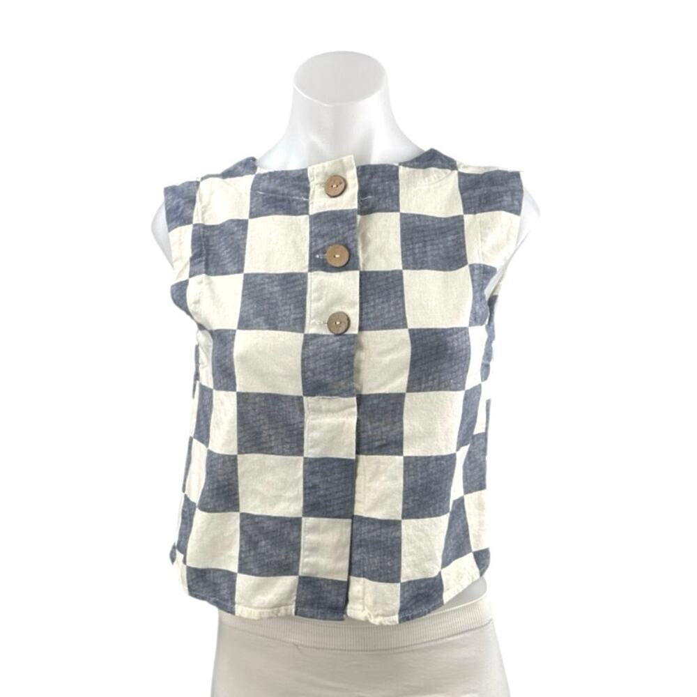 The Workshop Gray Cream Linen Checkered Sleeveless Henley Shirt Tank Top Size S